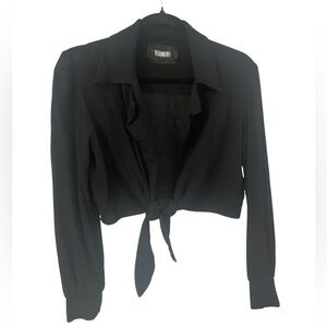 Reformation Black Tie-Front Collared Cropped Blouse Top | Size S